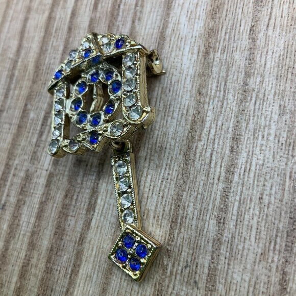 Pendulum Clock Vintage Blue Rhinestone Silver Tone Pin Brooch - Picture 2 of 6
